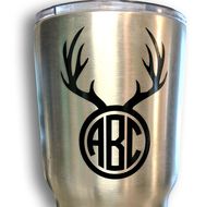 CUSTOM DEER ANTLER CIRCLE MONOGRAM INITIALS VINYL DECAL / STICKER CARS YETI CUP LAPTOP PHONE (14 COLORS) (6"x8" (For Vehicles))