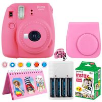 Fujifilm Instax Mini 9 Instant Camera (Flamingo Pink) + Fujifilm Instax Mini Twin Pack Instant Film (20 Exposures) + Camera Case + Scrapbooking Album + 4 AA Batteries & Charger + Colored Lens Filters