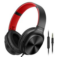 Besom On-Ear Headphones with Microphone Lightweight Folding Stereo Headset Tangle Free Cord, Wired Headphones for Cellphones Smartphone Tablet Laptop Computer MP3/4 (Black Red)