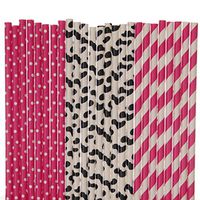 Cowgirl Paper Straw Mix - Hot Pink Polka Dots, Cow Print - Hot Pink Striped (100)