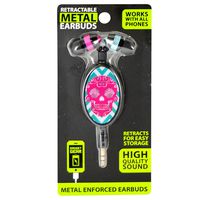 Tangle Free Metal Retractable Earbuds with Funny Printed Designs - Pink Sugar Skull