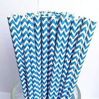 Blue and White Chevron Pattern Set of 100 Count Stripe Paper Drinking Straw Baking Sticks Cake Pop Sticks for Cake Pops Lollipops Crafts Cupcake Toppers Rock Candy and Brownie Pops 7 3/4 inch