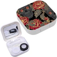 Portable Contact Lens Case Box Travel Kit Mirror + Bottle + Tweezers Container Holder [ Image Skull Flowers ]