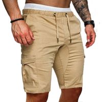 MODOQO Men's Shorts, Casual Slim Fit Solid Sports Gym Fitness Pants with Pocket(Khaki,CN-L/US-S)