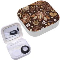 Portable Contact Lens Case Box Travel Kit Mirror + Bottle + Tweezers Container Holder [ Brown Floral ]
