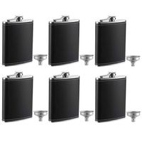 YWQ 6 Pack Flask for Liquor and Funnel, Premium 8 Oz Leak Proof 18/8 Stainless Steel Pocket Hip Flask with Black Leather Cover, Great Gift Idea Flask