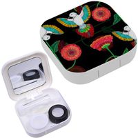 Portable Contact Lens Case Box Travel Kit Mirror + Bottle + Tweezers Container Holder [ Red Space Flowers Hummingbird ]