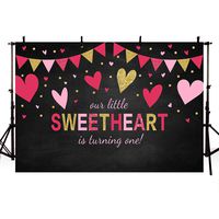 MEHOFOTO Little Sweetheart One Birthday Black Photo Studio Background Pink Red Gold Hearts Girl Happy 1st Birthday Valentine Party Decoration Banner Backdrops for Photography 7x5ft