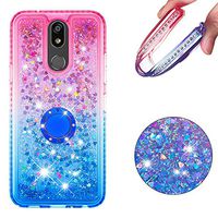 Cfrau Compatible with LG K40/K12 Plus with Black Stylus,Luxury Liquid Glitter Ring Kickstand Shockproof Quicksand Bling Cute Diamond Girls Women Cover for LG K40/K12 Plus,Pink + Blue