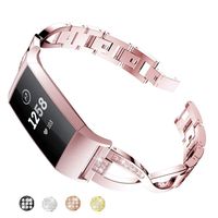 Taolla Compatible with Fitbit Charge 2 Bands Women, Stainless Steel Metal Replacement Bracelet Wristband X-Link Sport Smart Watch Strap+Bling Crystal Rhinestone Diamond for Fitbit Charge 2, Rose Pink