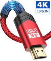 4K HDMI Cable 10ft, JSAUX[HDMI 2.0 4K@60Hz HDR 2160p 1080p 3D High Speed 18Gbps]Gold Plated Connectors Braided Cord Compatible Ethernet Audio Return(ARC),Video,Xbox Playstation PS3/4 Fire UHD TV(Red)