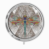 Lovefive Dragonfly Stylized animal insect Custom Fashion Silver Round Pill Case Drug Organizer Holder Pocket Or Wallet Organizer Case