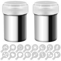 2 Stainless Steel Powder Shakers, SENHAI Mesh Shaker Powder Cans for Coffee Cocoa Cinnamon Powder with Lid, with 16 pcs Printing Molds Stencils