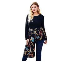 RUIVE Women's Asymmetric Boho Blouse Multicolor Pattern Print Pullover Crew Neck Loose Tunic Tops Plus Size Sweatshirt Black