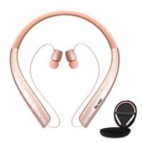 Bluenin Bluetooth Headphones with Carrying Case, Bluetooth 5.0 Wireless Neckband Headset with Retractable Earbuds,16 Hrs Playtime Sports Sweatproof Noise Cancelling Earphones with Mic (Rosegold)