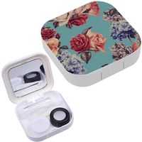 Portable Contact Lens Case Box Travel Kit Mirror + Bottle + Tweezers Container Holder [ Floral Roses Watercolor ]