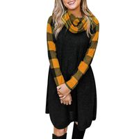 Womens Raglan Long Sleeve Plaid Dress Cowl Neck Pullover Casual Splice Scarf Collar Dress Yellow