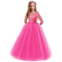 IBTOM CASTLE Spring Flower Girl Wedding Bridesmaid 3/4 Sleeves Kids Floral Lace Pageant Communion Princess Dress Prom Evening Dance Gown Hot Pink 3-4 Years