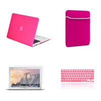 TOP CASE - 4 in 1 Essential Bundle Rubberized Hard Case, Keyboard Cover, Screen Protector and Sleeve Bag Compatible MacBook Air 11" A1370 & A1465 - Hot Pink