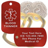Custom 2 Pack - Blood Thinner Medical Alert ID Necklaces with Red Custom Tags, Camo Forest Silencers, and 30'' USA Chains
