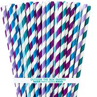 Under The Sea Mermaid Theme Striped Paper Straws - Purple Blue Teal Lilac - 7.75 x .25 Inches - 125 Pack - Outside the Box Papers Brand