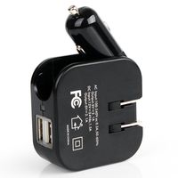 USB Charger 2-port 2.1A USB Wall Charger Car Charger All in One Design with Foldable AC Wall Plug DC Car Plug for iPhone 7/ 7 plus/ 6s/5s , iPad Air 2 / mini 3, Samsung, LG and More-Black