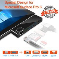 Surface Pro 3 USB 3.0 Hub Adapter, Rocketek Dual USB Card Reader,Special Design for Microsoft Surface Pro 3(12.3") with 2 Port USB 3.0+Ethernet Port+Mini DP to HDMI+SD/TF(Micro SD) Memory Card Solt Co