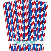Patriotic Theme Foil Paper Straws - Red White Blue - Stars and Stripes - 7.75 Inches - Pack of 100 - Outside the Box Papers Brand