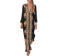 Kaftan Dresses for Women Boho Loose Tropical Oversized Sundress Pleat Tunic V Neck Long Maxi Dress JHKUNO D Black