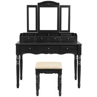 VASAGLE Vanity Makeup Set with 7 Drawers, 2 Brush Slots and 4 Open Compartments, Dressing Table with Tri-Fold Necklace Hooked Mirror, Solid Wood Legs, Cushioned Stool, Black
