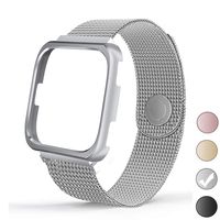 REYUIK Compatible with Versa Bands with Frame,Stainless Steel Mesh Breathable Metal Wristband with Protective Case Bumper Accessories for Women Men (Silver, Large 6.0"-9.2")
