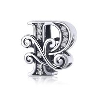 Solid 925 Sterling Silver with Cubic Stones, Complete A~Z Gift Options Alphabet Charm Letter Beads fit Pandora European Bracelets (P)