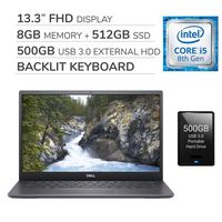 Dell Vostro 2020 Premium 13.3" FHD Laptop Computer, 4-Core Intel Core i5-8265U 1.60 GHz, 8GB RAM, 512GB SSD,Backlit Keyboard,No DVD,Webcam,Bluetooth,Wi-Fi,HDMI, Win 10 Pro,500GB USB 3.0 External HDD