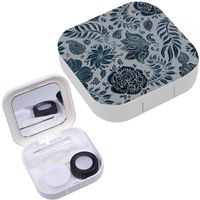 Portable Contact Lens Case Box Travel Kit Mirror + Bottle + Tweezers Container Holder [ Floral Dark ]