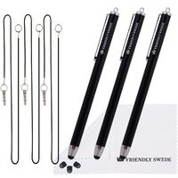3pcs Stylus Pen 5.5" with Replaceable Thin-Tip - Universal Capacitive High Precision Styli + Replacement Tips, Elastic Lanyards + Cleaning Cloth, by The Friendly Swede (Black)