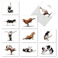 The Best Card Company - 10 Blank Yoga Note Cards Bulk (4 x 5.12 Inch) - Assorted Stick Figure and Animals Cards - Bovine Nirvana M6545OCB
