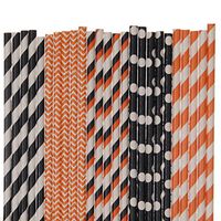 Halloween Paper Straw Mix - Orange and Black - Striped, Polka Dot, Chevron (100)