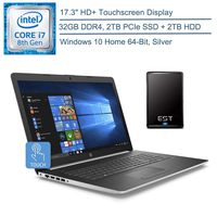 2020 HP 17.3" HD+ Touchscreen Laptop Computer, 8th Gen Intel Quad-Core i7 8565U up to 4.6GHz, 32GB DDR4 RAM, 2TB PCIe SSD + 2TB HDD, DVDRW, AC WiFi, Silver, Windows 10 + EST 500GB External Hard Drive