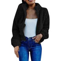 Women's Coat Casual Lapel Fleece Fuzzy Faux Shearling Zipper Warm Plush Cardigan Winter Short Outwear Jackets Black