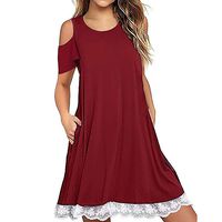 Womens Short Sleeve Cold Shoulder T Shirt Dresses with Pockets Floral Lace Swing Dress Loose Party Dresses Red