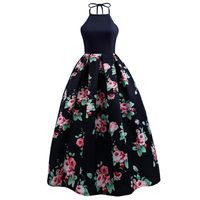 Women Halter Floral Long Swing Dress Sleeveless Prom Party Ball Gown Formal Evening Beach Maxi Dress (Navy, M)