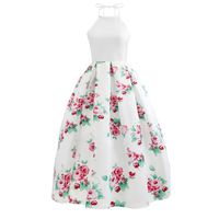 Women Halter Floral Long Swing Dress Sleeveless Prom Party Ball Gown Formal Evening Beach Maxi Dress (White, L)