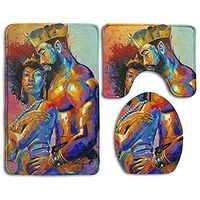 Bathroom Toilet mat 3 Piece Set African Couple Comfort Skidproof Toilet Seat Cover mats Bath Mat Flannel Carpet Super Absorbent mats (Bath Mat+Contour Rug+Lid Cover) (Multicolored)