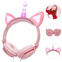 Kids Cat Headphones for Girls Toddler Light up Over Ear Earphone Wired Adjustable Tablet Back to School Supplies Headband Foldable Game Headset Toddlers Travel Birthday Gifts