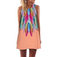 Chaofanjiancai_Dress Women's Feather Print Sleeveless Mini Dress Summer Casual Boho Dress Party Cocktail Dress Orange