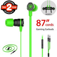 Gaming Earbuds, Noise Isolating Stereo Bass In Ear Headphones with Microphone 86 Inch Long Cord Extension Cable PC Adapter Magnetic Headset Earphones for Computer, iPhone, Samsung, Laptop, PSP - Green