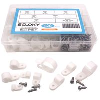 Seloky 120 Pcs White Nylon Screws Plastic R-Type Cable Clamp Clips（6 Sizes 5mm to 25mm），Fasteners Assortment for Cable Conduit (Equipped with 120 Screws)