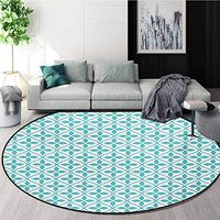 RUGSMAT Contemporary Modern Machine Washable Round Bath Mat,Vertical Wavy Lines with Flowers Fresh Spring Season Themed Tile Non-Slip Soft Floor Mat Home Decor,Round-59 Inch Turquoise and White