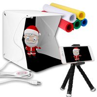 Innens Portable Photo Studio, Mini Folding Table Top Shooting Tents with Dual LED Lights and 6 Backdrops for Photography (9.1 x 9.4 x 8.7 Inch - Double Lights - Phone Holder)