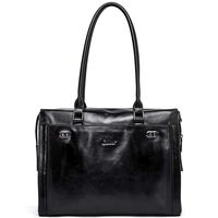 Womens Briefcase Oil Wax Genuine Leather 15.6 Inch Laptop Business Vintage Ladies Shoulder Bag Black